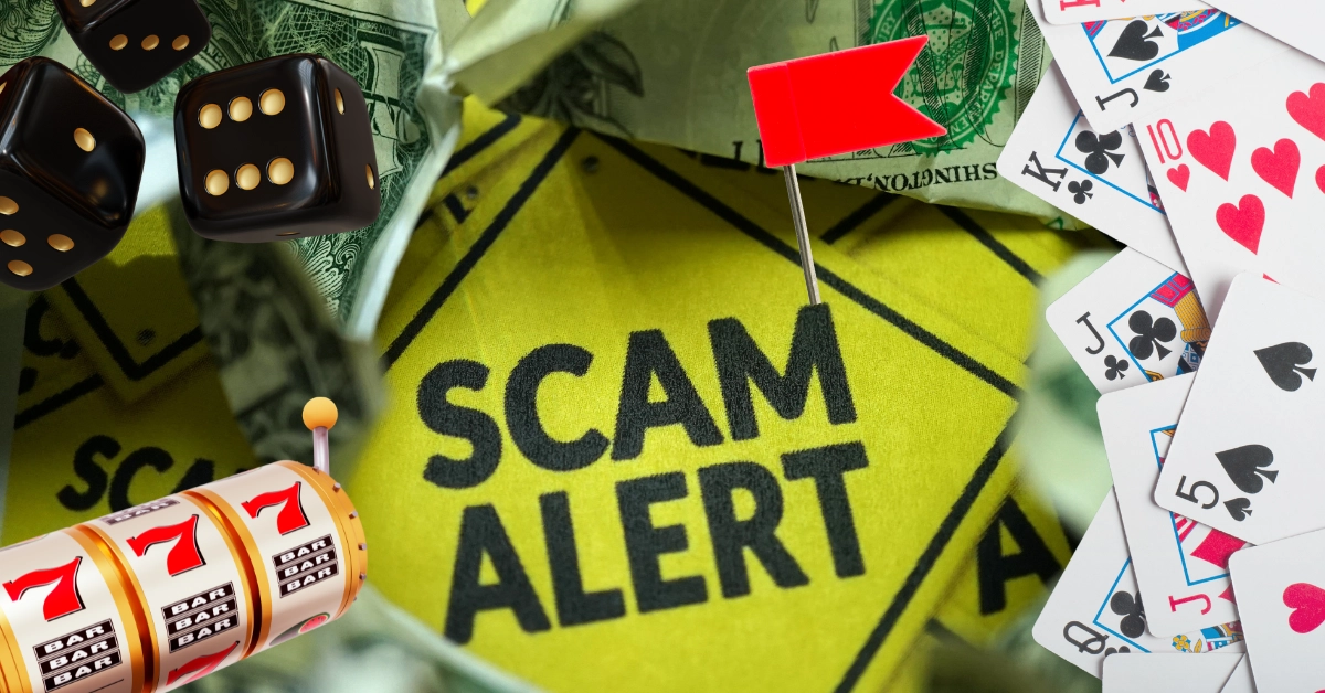 Scam-Alert-Sign-with-Money-Background-3D-Slot-Black-Dice-Cards-Red-Flag