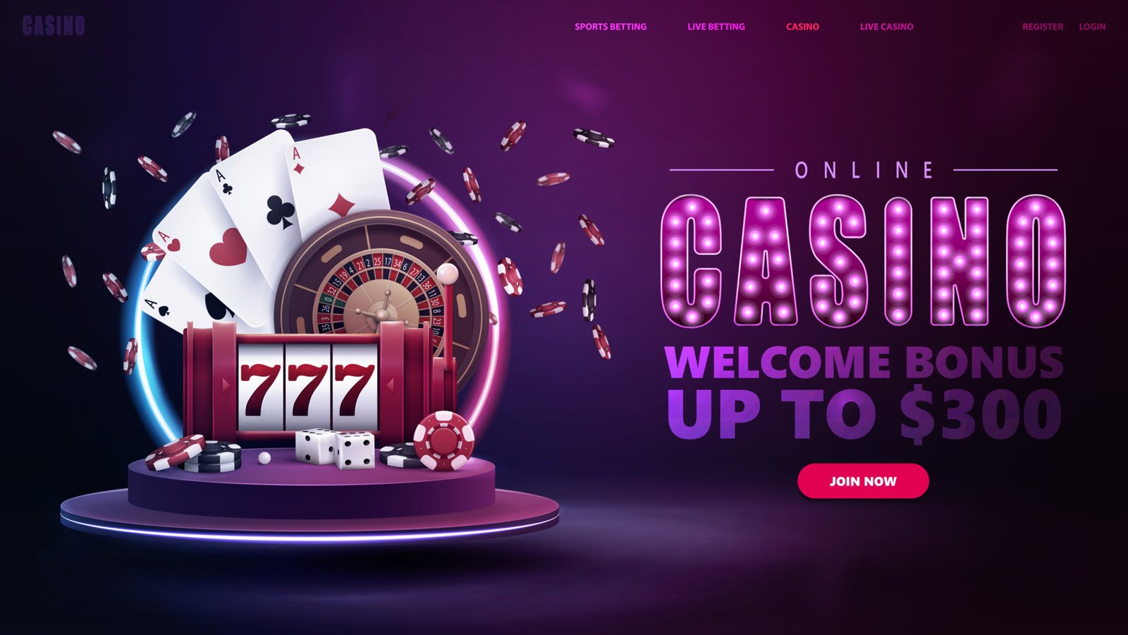 online-casino-welcome-bonus-banner-for-website-with-button-slot-machine-casino-roulette-poker-chips-playing-cards-on-podium-with-round-neon-frame-vector